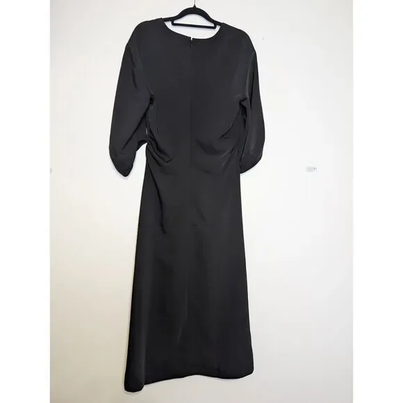 Madewell Jasmine Midi Dress Black Ruched Waist Crepe V Neck Slit Size 6 NWT - Picture 5 of 15
